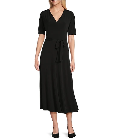 Preston & York Sydney V-Neck Short Sleeve Tie Waist Midi Dress