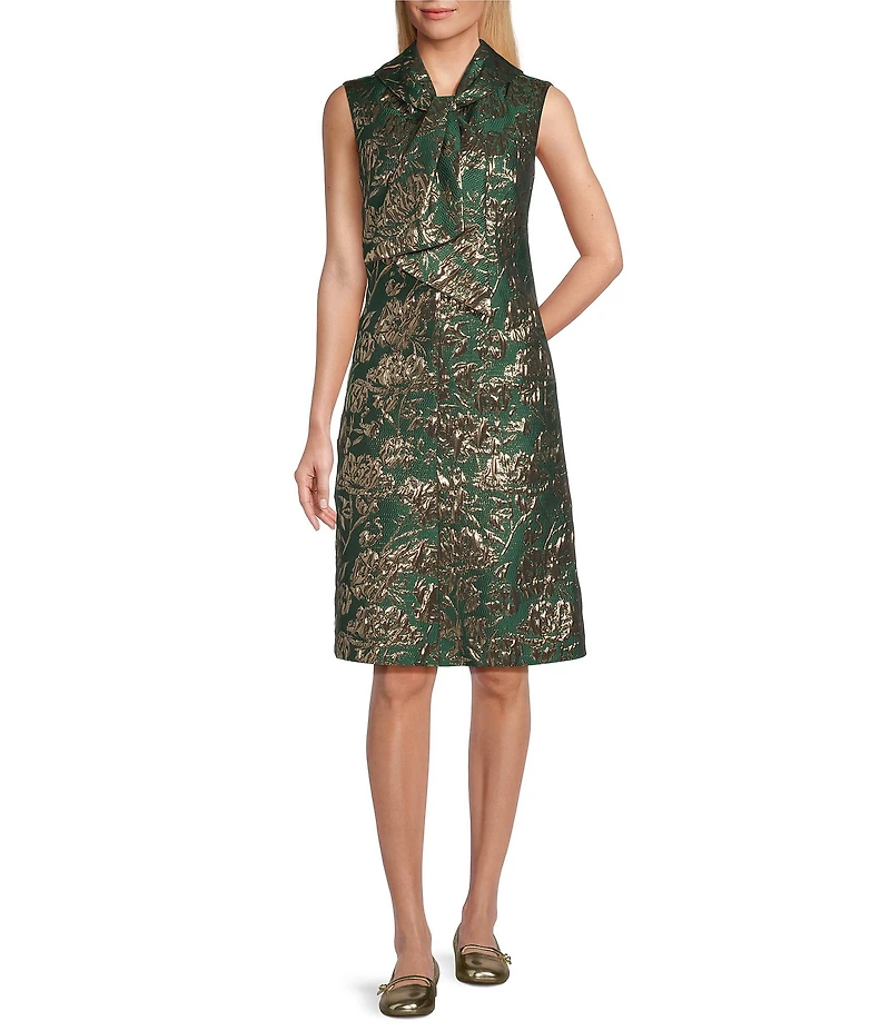 Preston & York Tallulah Tie Neck Sleevless Metallic Jacquard Dress