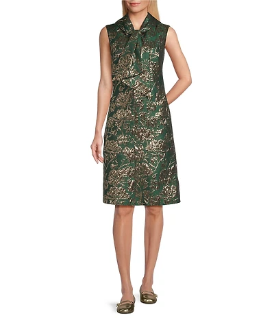 Preston & York Tallulah Tie Neck Sleevless Metallic Jacquard Dress