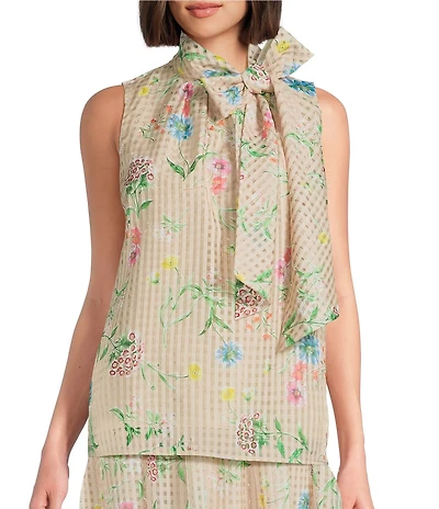 Preston & York Teegan Mock Neck Sleeveless Printed Organza Coordinating Blouse