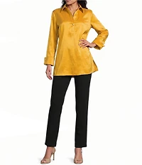 Preston & York Thea Stretch Taffeta Collar Neckline Long Sleeve Blouse