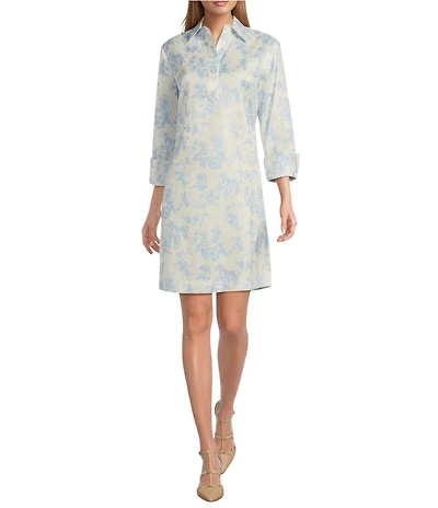 Preston & York Thea Printed Taffeta 3/4 Sleeve Point Collar Dress