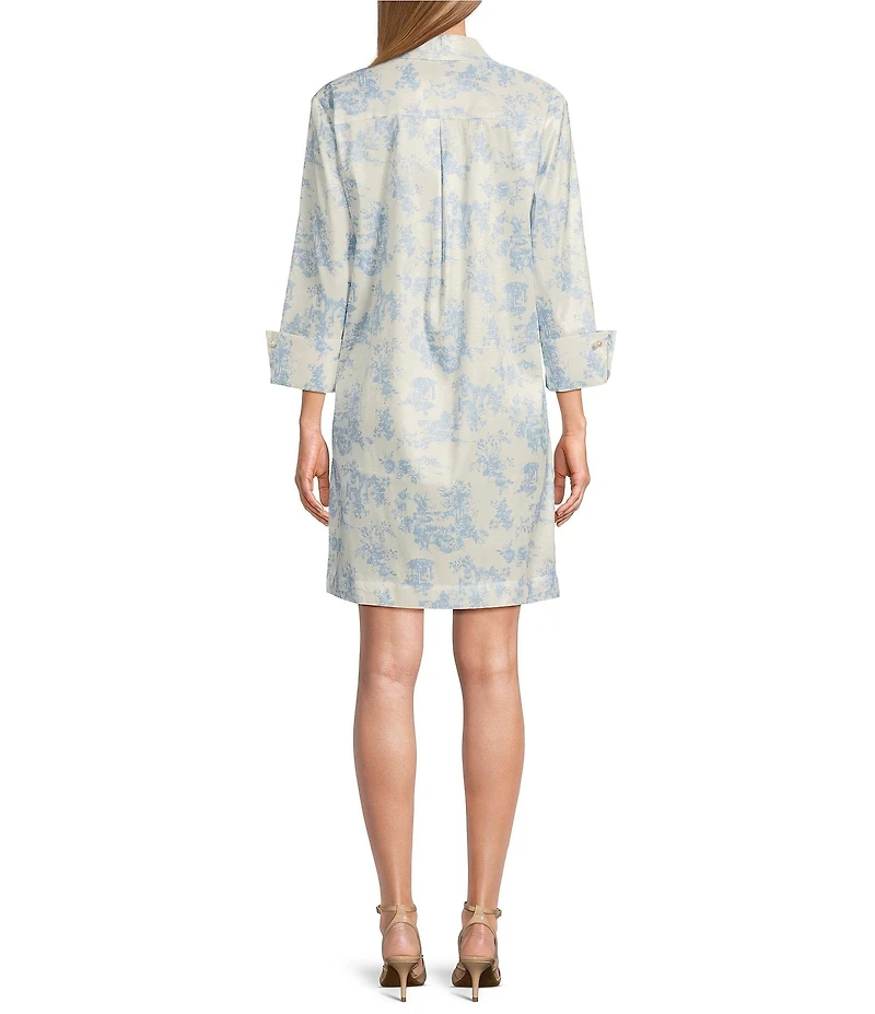 Preston & York Thea Printed Taffeta 3/4 Sleeve Point Collar Dress