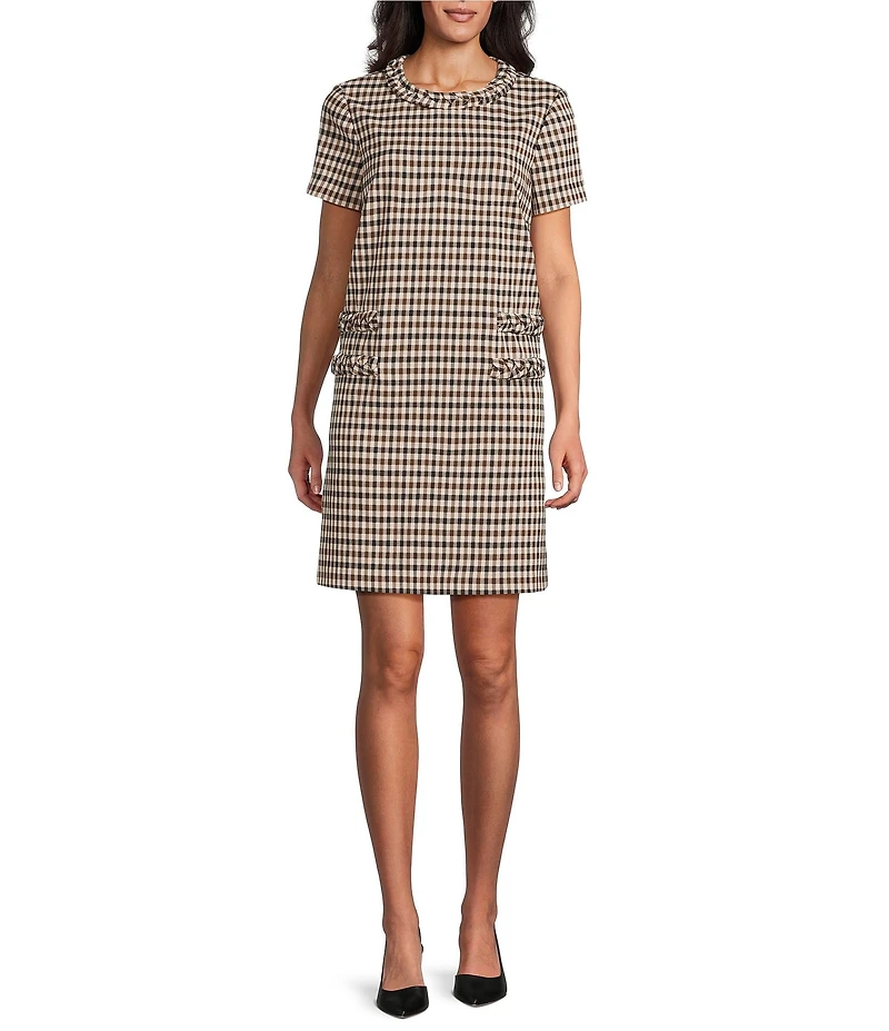 Preston & York Vivian Novelty Plaid Sheath Crew Neckline Short Sleeve Dress