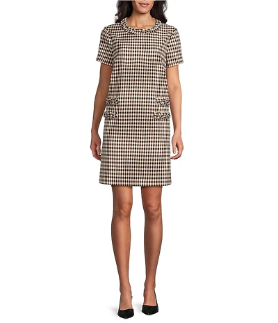 Preston & York Vivian Novelty Plaid Sheath Crew Neckline Short Sleeve Dress
