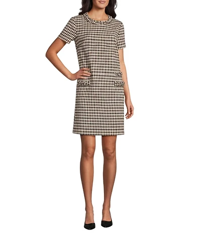 Preston & York Vivian Coordinating Novelty Plaid Sheath Crew Neckline Short Sleeve Dress
