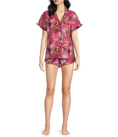Printfresh Bird & Blossom Print Organic Cotton Short Sleeve Notch Collar Woven Shorty Pajama Set