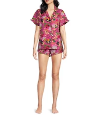 Printfresh Bird & Blossom Print Organic Cotton Short Sleeve Notch Collar Woven Shorty Pajama Set