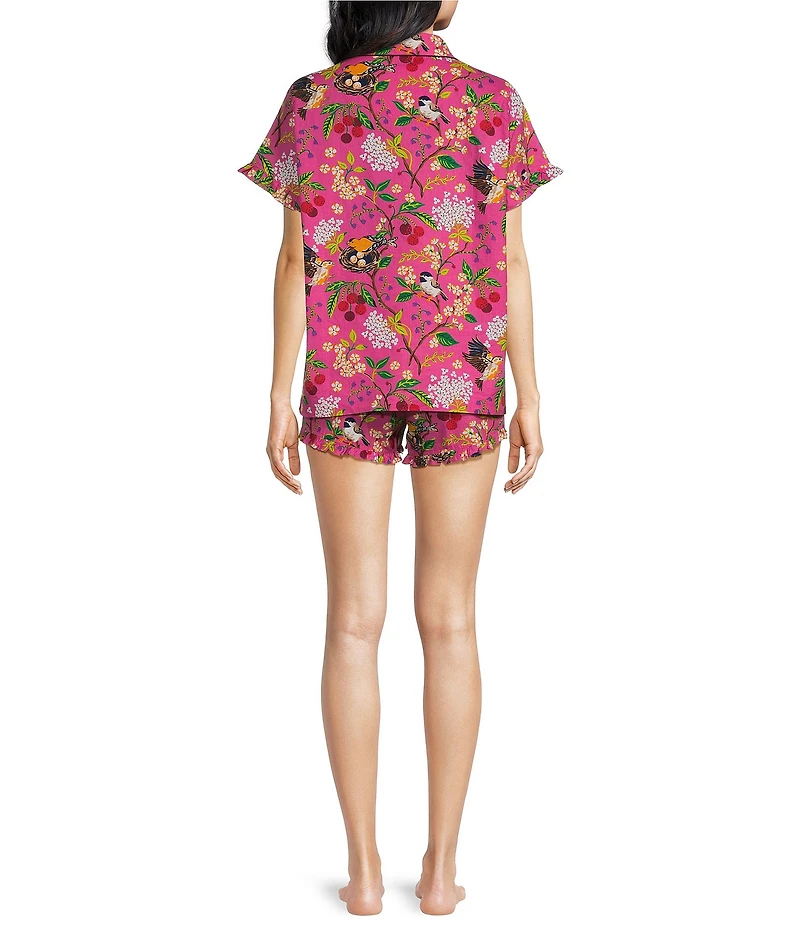 Printfresh Bird & Blossom Print Organic Cotton Short Sleeve Notch Collar Woven Shorty Pajama Set
