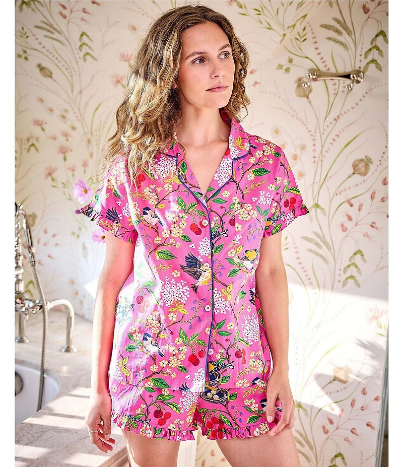 Printfresh Bird & Blossom Print Organic Cotton Short Sleeve Notch Collar Woven Shorty Pajama Set