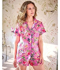 Printfresh Bird & Blossom Print Organic Cotton Short Sleeve Notch Collar Woven Shorty Pajama Set