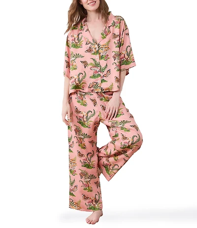 Printfresh Butterfly Forager Woven Sateen Thermoregulating 3/4 Sleeve Notch Collar Long Coordinating Pajama Set