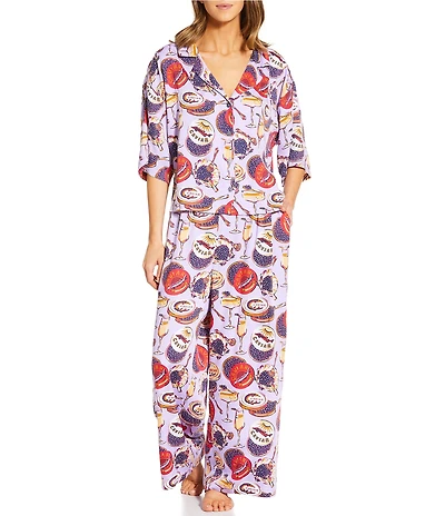 Printfresh Champagne & Caviar Woven Sateen Thermoregulating Short Sleeve Notch Collar Long Coordinating Pajama Set