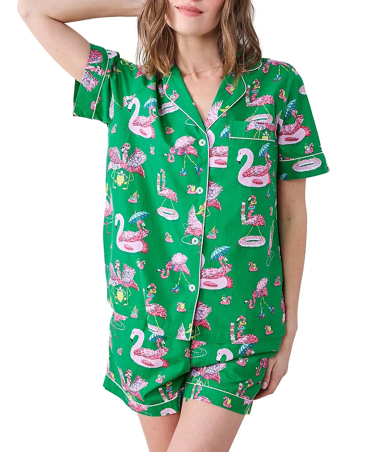 Printfresh Flock Party Print Organic Cotton Short Sleeve Notch Collar Woven Shorty Pajama Set