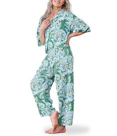 Printfresh Gator Grove Woven Sateen Thermoregulating Short Sleeve Notch Collar Long Coordinating Pajama Set