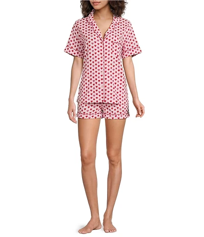 Printfresh Heart Print Organic Cotton Short Sleeve Notch Collar Woven Shorty Valentine's Day Pajama Set