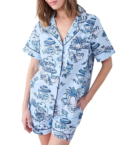 Printfresh High Tea Print Organic Cotton Short Sleeve Notch Collar Woven Shorty Pajama Set