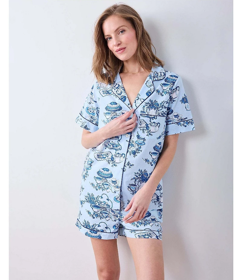 Printfresh High Tea Print Organic Cotton Short Sleeve Notch Collar Woven Shorty Pajama Set