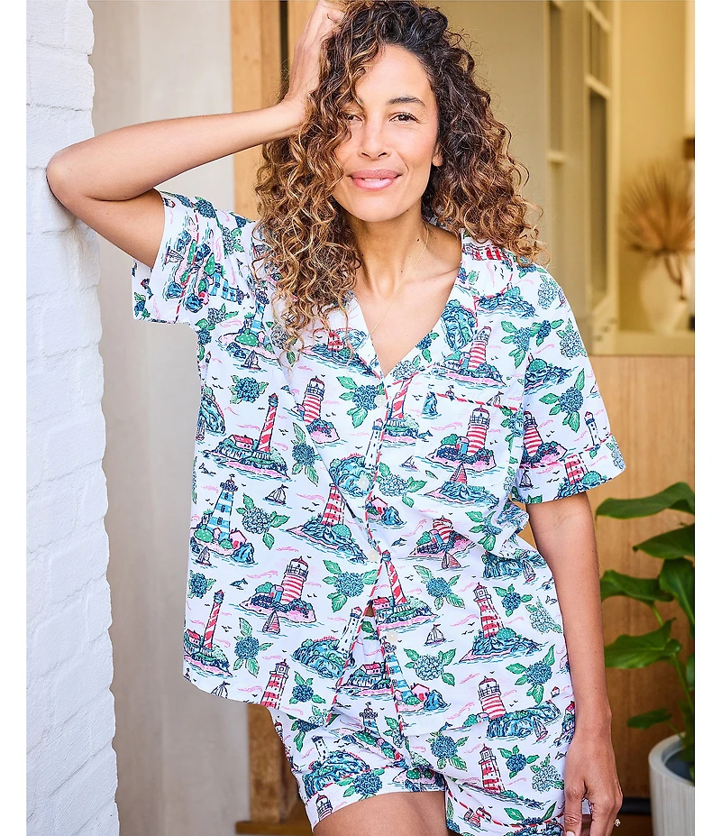 Printfresh Lighthouse Keeper Print Organic Cotton Short Sleeve Notch Collar Woven Shorty Pajama Set