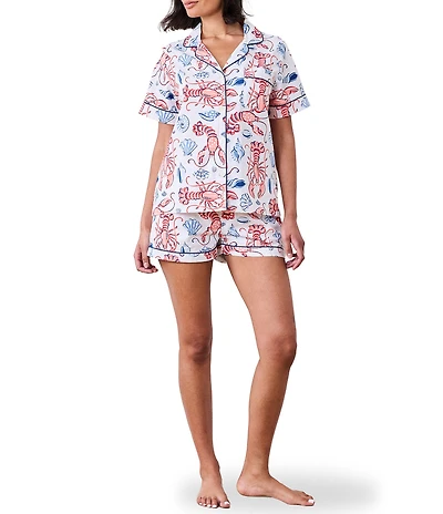 Printfresh Lobster Landing Print Organic Cotton Short Sleeve Notch Collar Woven Shorty Pajama Set