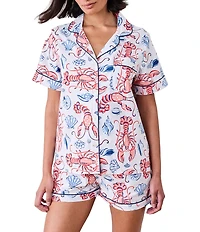 Printfresh Lobster Landing Print Organic Cotton Short Sleeve Notch Collar Woven Shorty Pajama Set