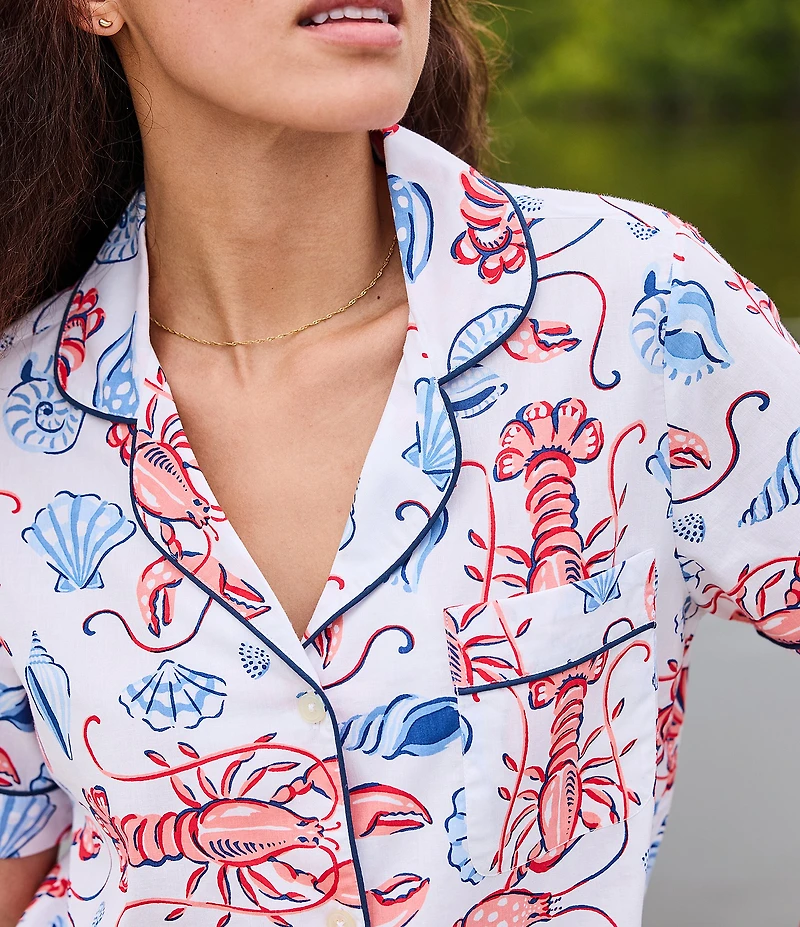 Printfresh Lobster Landing Print Organic Cotton Short Sleeve Notch Collar Woven Shorty Pajama Set