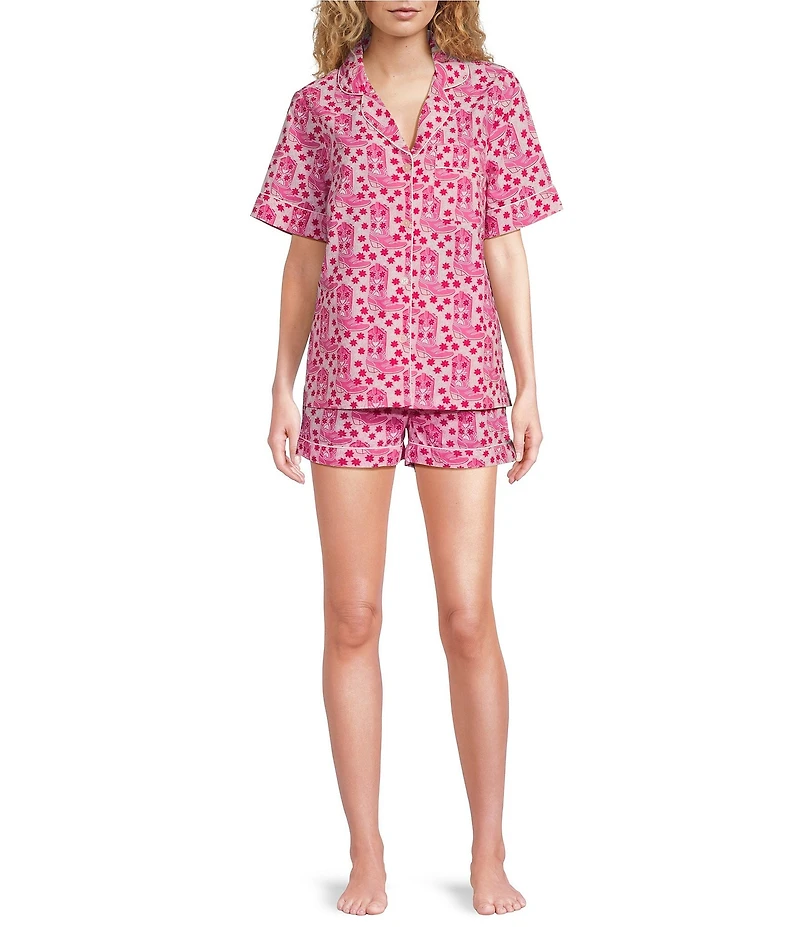 Printfresh Rhinestone Cowgirl Western Organic Cotton Short Sleeve Notch Collar Woven Shorty Pajama Set
