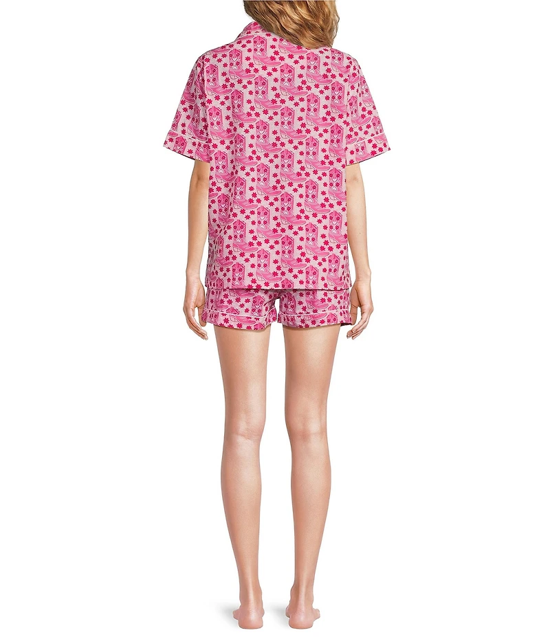 Printfresh Rhinestone Cowgirl Western Organic Cotton Short Sleeve Notch Collar Woven Shorty Pajama Set