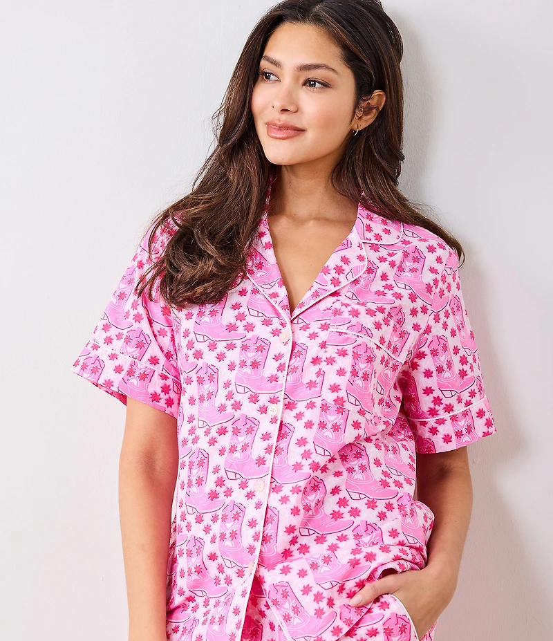 Printfresh Rhinestone Cowgirl Western Organic Cotton Short Sleeve Notch Collar Woven Shorty Pajama Set
