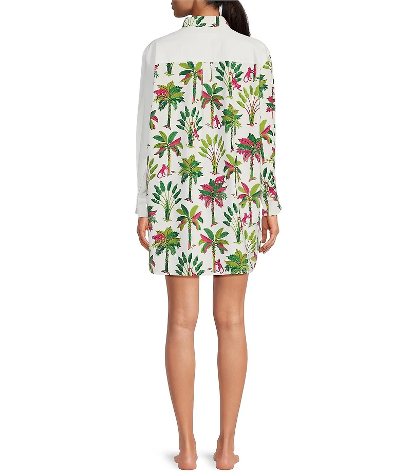 Printfresh Royal Palms Organic Cotton Tropical Print 3/4 Sleeve Notch Collar Button Front Woven Nightshirt