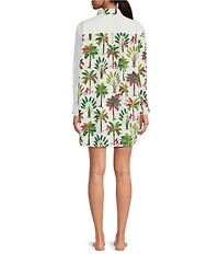 Printfresh Royal Palms Organic Cotton Tropical Print 3/4 Sleeve Notch Collar Button Front Woven Nightshirt