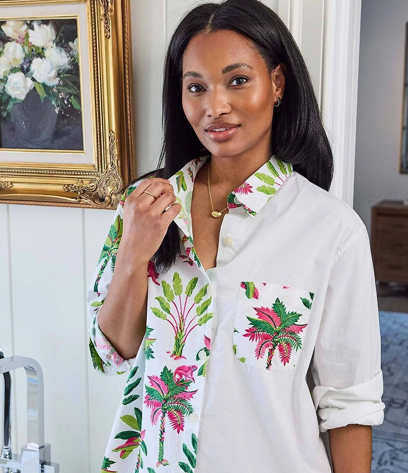 Printfresh Royal Palms Organic Cotton Tropical Print 3/4 Sleeve Notch Collar Button Front Woven Nightshirt