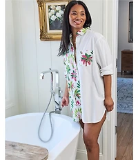 Printfresh Royal Palms Organic Cotton Tropical Print 3/4 Sleeve Notch Collar Button Front Woven Nightshirt