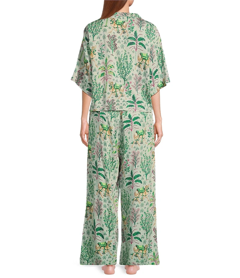 Short Sleeve Notch Collar Camel's Courtyard Woven Sateen Thermoregulating Long Pajama Set