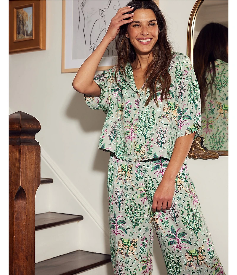 Short Sleeve Notch Collar Camel's Courtyard Woven Sateen Thermoregulating Long Pajama Set