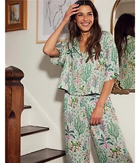 Short Sleeve Notch Collar Camel's Courtyard Woven Sateen Thermoregulating Long Pajama Set