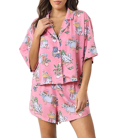 Printfresh Short Sleeve Woven Spa Cats Print Sateen Thermoregulating Short Sleeve Notch Collar Shorty Pajama Set