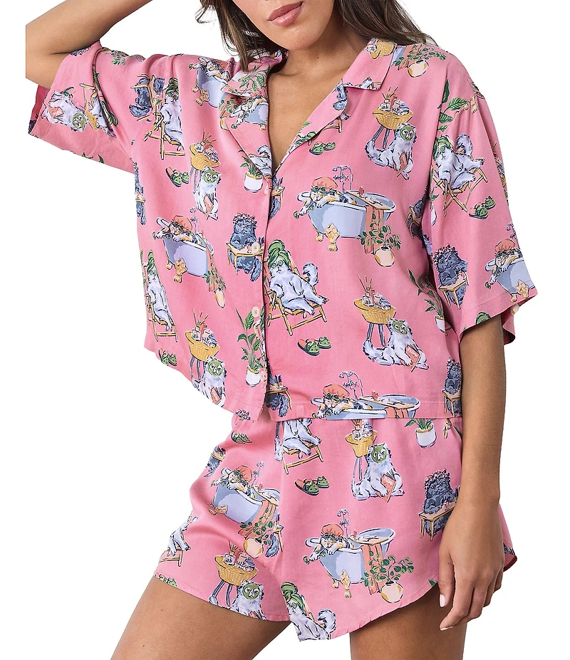 Printfresh Short Sleeve Woven Spa Cats Print Sateen Thermoregulating Short Sleeve Notch Collar Shorty Pajama Set
