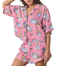 Printfresh Short Sleeve Woven Spa Cats Print Sateen Thermoregulating Short Sleeve Notch Collar Shorty Pajama Set