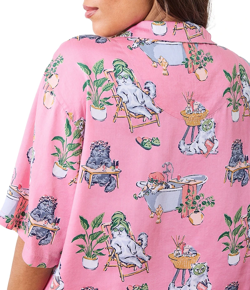 Printfresh Short Sleeve Woven Spa Cats Print Sateen Thermoregulating Short Sleeve Notch Collar Shorty Pajama Set