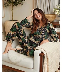 Printfresh Woven Organic Cotton Poplin Bagheera Leopard Print Long Sleeve Notch Collar Pajama Set