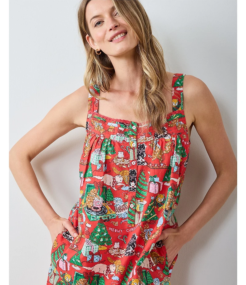 Printfresh Woven Meowy Christmas Sleeveless Sweetheart Neck Partial Button Front Nightgown