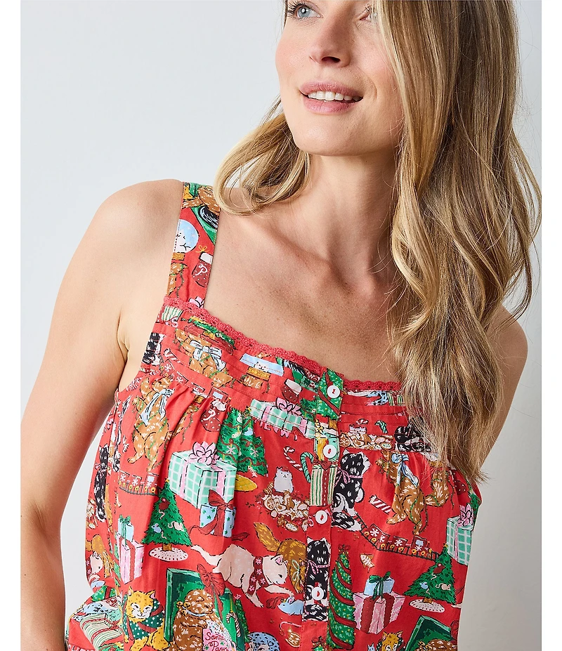 Printfresh Woven Meowy Christmas Sleeveless Sweetheart Neck Partial Button Front Nightgown