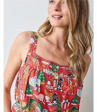 Printfresh Woven Meowy Christmas Sleeveless Sweetheart Neck Partial Button Front Nightgown