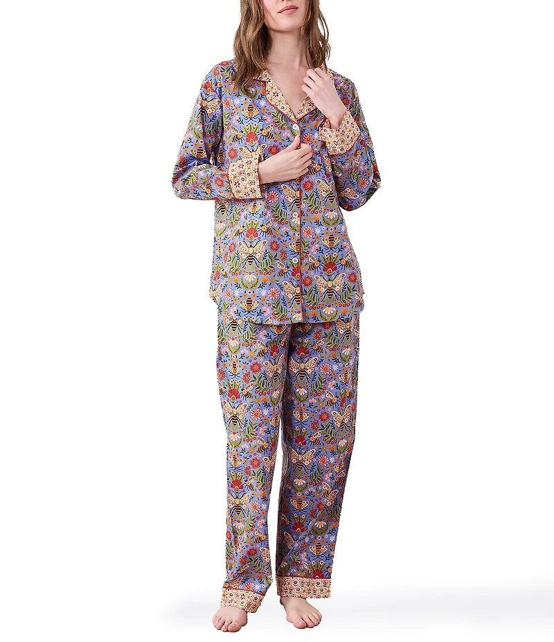 Printfresh Woven Organic Cotton Bee Tapestry Long Sleeve Notch Collar Pajama Set