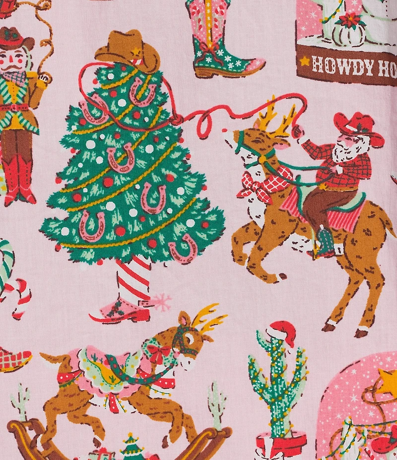Printfresh Woven Organic Cotton Cowboy Christmas Print Long Sleeve Notch Collar Long Pajama Set