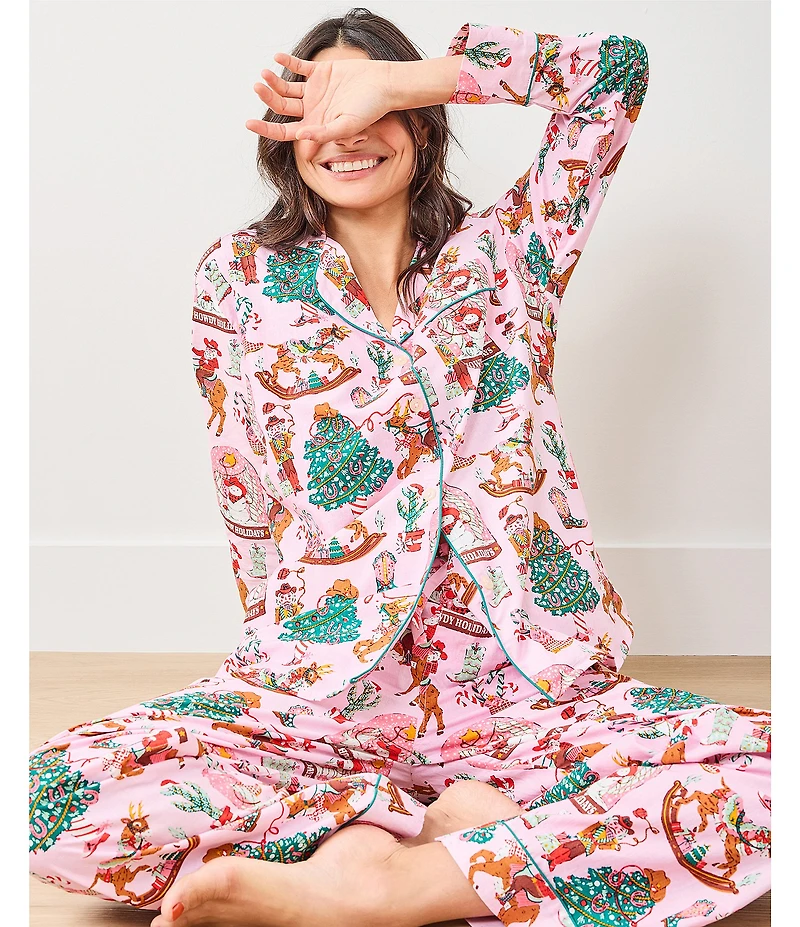 Printfresh Woven Organic Cotton Cowboy Christmas Print Long Sleeve Notch Collar Long Pajama Set
