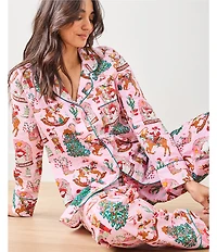 Printfresh Woven Organic Cotton Cowboy Christmas Print Long Sleeve Notch Collar Long Pajama Set