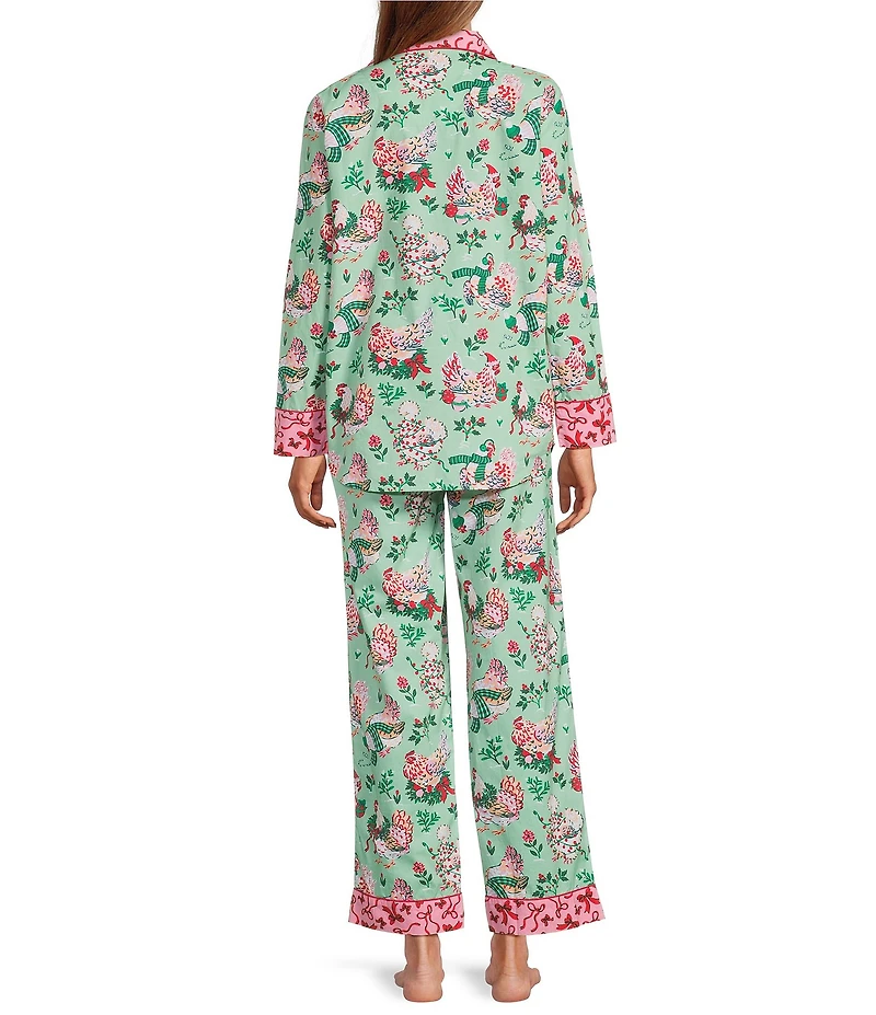 Printfresh Woven Organic Cotton Holiday Hens Print Long Sleeve Notch Collar Long Pajama Set