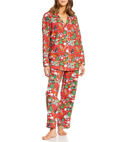 Printfresh Woven Organic Cotton Meowy Christmas Print Long Sleeve Notch Collar Long Pajama Set